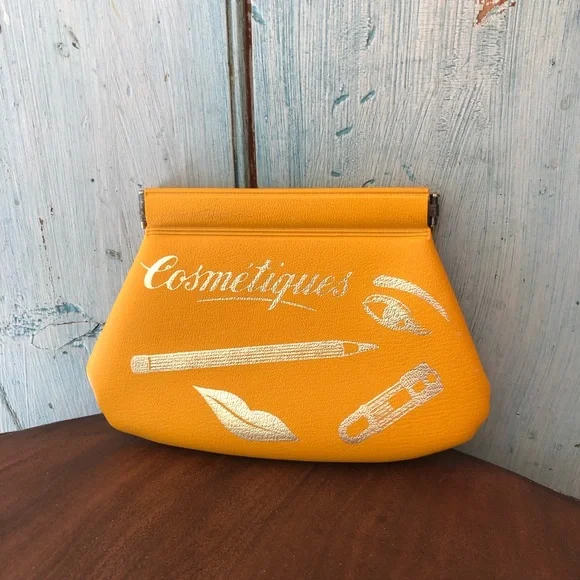 Vintage 1950’s “cosmetiques” mustard pouch for purse w/silver script & pictures - Picture 11 of 11
